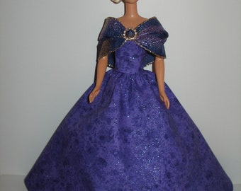 Handmade 11.5" fashion doll clothes - glittery purple cotton foil gown with ribbon shoulder wrap trim