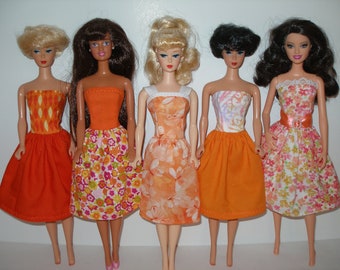 Handmade 11.5" fashion doll clothes - mixed lot of 5 orange print dresses