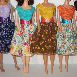 Homemade 11.5&quot; fashion doll clothes - pin dot bodice and floral skirt print dress -- Your choice of color