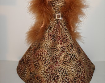 Handmade 11.5" fashion doll clothes -  brown w/gold edge pinecone print cotton gown w/boa