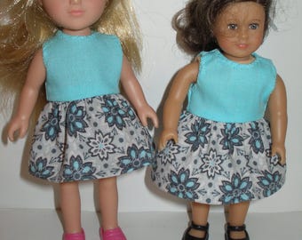 Dress for 6 1/2 inch dolls  -- aqua w/gray, aqua, black print skirt