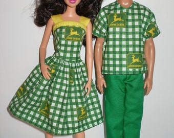 Handmade 11.5" fashion doll clothes - Yellow and green tractor print dress or Ken outfit Or Green Plaid