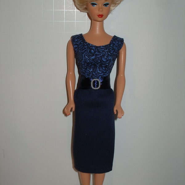 Handmade 11.5" fashion doll clothes -Navy Blue Print Bodice/Navy Blue Skirt Sheath