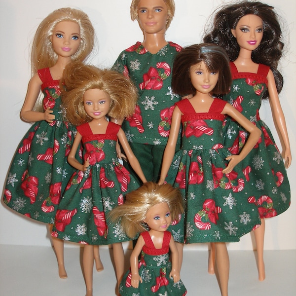 Handmade fashion doll clothes - 4 fashion doll sisters set Green Candy Cane Print Holiday dresses
