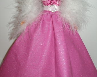 Handmade 11.5" fashion doll clothes -  glittery pink roses bodice with glittery pink cotton skirt gown w/boa