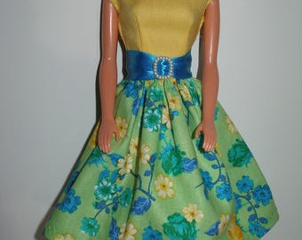 Handmade 11.5" fashion doll clothes - Yellow Bodice w/Green, Blue and Yellow Floral Print Skirt Dress