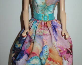 Handmade 11.5" fashion doll clothes - Multi Color Butterfly Print Dress with Aqua Satin Ribbon Belt