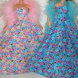 Handmade 11.5&#39; Fashion doll clothes - Spring pink or aqua floral print gown with boa