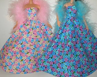Handmade 11.5' Fashion doll clothes - Spring pink or aqua floral print gown with boa