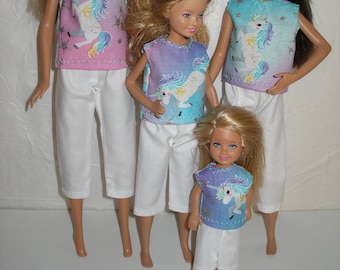 Handmade 11.5" fashion doll clothes - Regular, Tall, Curvy, Petite, 3 little sisters - white capris and unicorn print top set