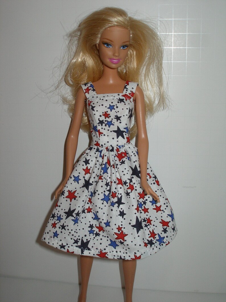 Handmade 11.5" fashion doll and sisters clothes - 4 fashion doll sisters white with red and blue stars print dress 11.5" Dress size
