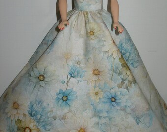 Handmade 11.5" fashion doll clothes - cream and blue floral gown w/cream lace around shoulders