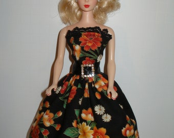 Handmade 11.5" fashion doll clothes - Black and Orange Floral Print Dress w/Rhinestone Buckle