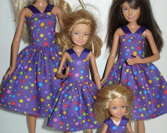 Handmade 11.5" fashion doll and sisters clothes - 4 fashion doll sisters purple w/dots print dresses
