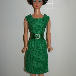 Handmade 11.5 Fashion doll clothes Your choice orange, teal or pink crosshatch print cotton sheath dress w/belt Green