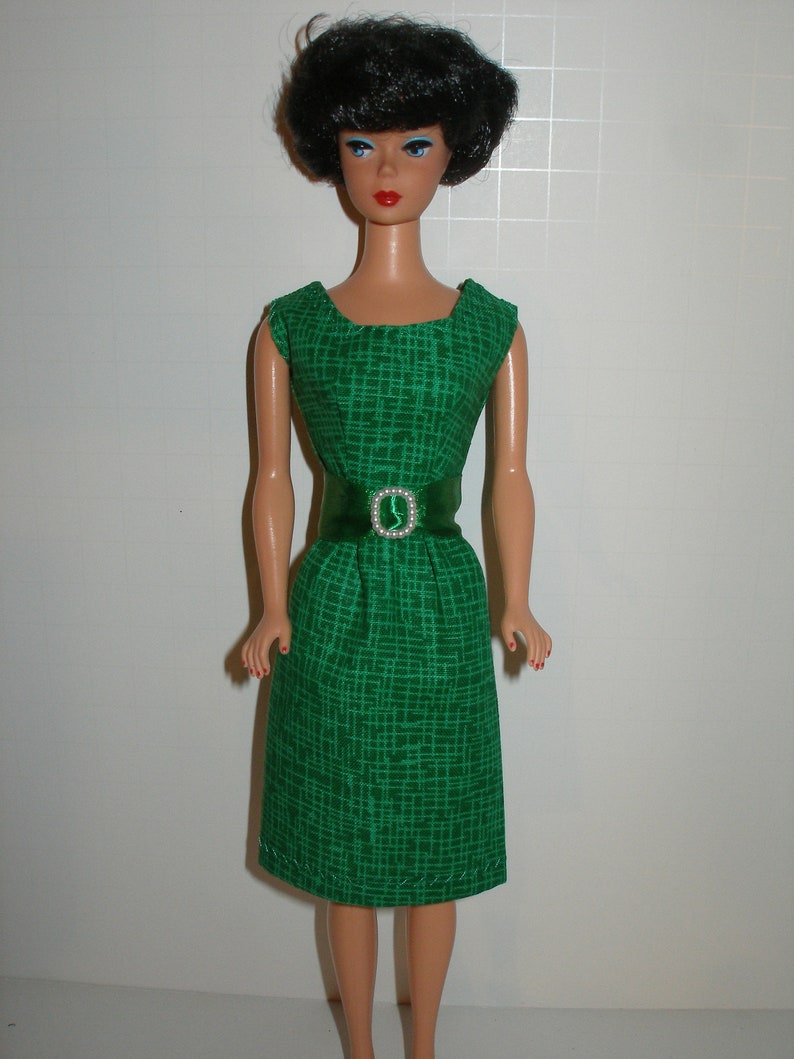 Handmade 11.5 Fashion doll clothes Your choice orange, teal or pink crosshatch print cotton sheath dress w/belt グリーン