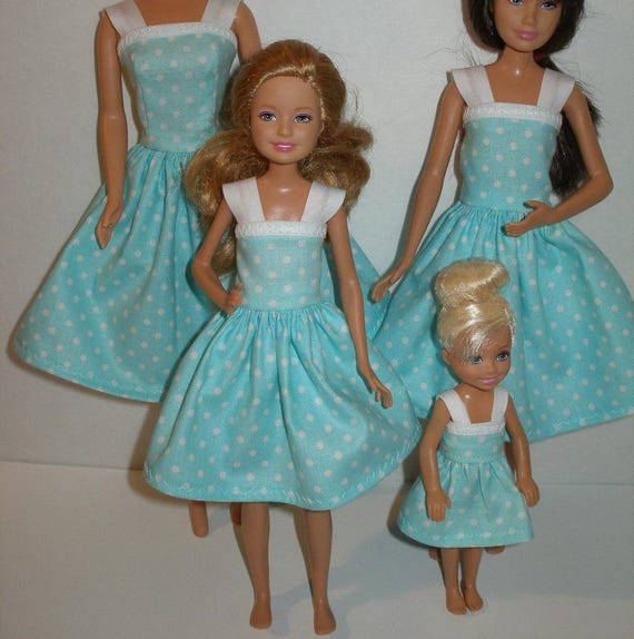 Handmade 11.5" fashion doll clothes - 4 sisters aqua and white polka dot dress set