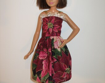 Handmade 10.5"  teen sister fashion doll fit Skipper clothes - Maroon Poinsettia Print Dress