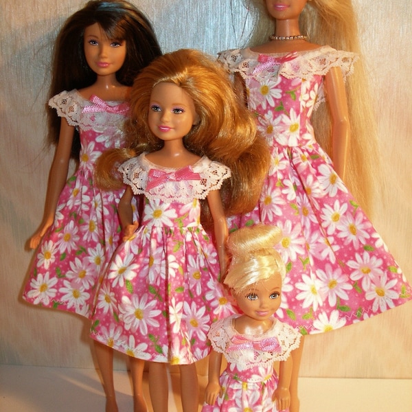 Handmade 11.5" fashion doll and sisters clothes - 4 fashion doll sisters pink and white daisy dresses