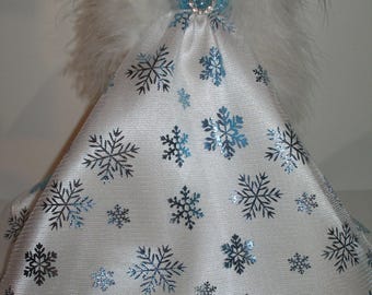Handmade 11.5" fashion doll clothes  -  white satin w/white and blue snowflake tulle overlay trimmed with white lace