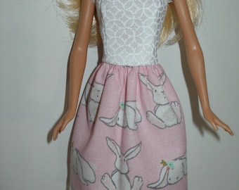 Handmade 11.5" fashion doll dress - white on white print bodice w/white lace straps and pink/white bunny print skirt