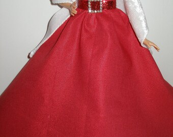 Handmade 11.5" fashion doll - curvy clothes -  Christmas Red Holiday Shimmery Cotton Foil Gown w/Soft White Stole