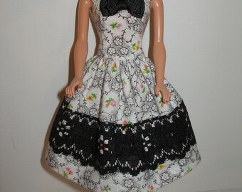 Handmade 11.5" fashion doll clothes - White and Black  Print Dress w/ Lace Trim