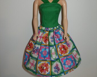 Handmade 11.5" fashion doll clothes -  green quilt print dress