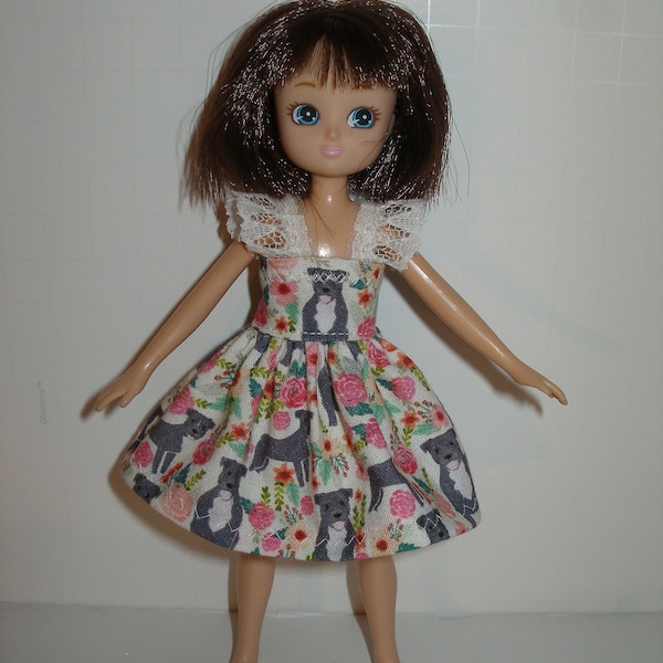 Handmade 7" doll clothes for Lottie doll or Tutti doll -  cream and pink floral puppy print dress