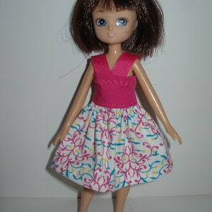 Handmade 7&quot; doll clothes for Lottie - Hot Pink, Teal and White Cotton Print Dress w/straps