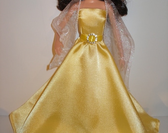 Handmade 11.5" fashion doll clothes -  Yellow Satin Gown w/White Glittery Organza Stole