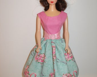 Handmade 11.5" fashion doll clothes - Aqua and Pink Roses Flamingo Print Dress