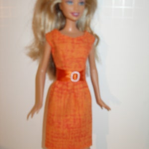 Handmade 11.5 Fashion doll clothes Your choice orange, teal or pink crosshatch print cotton sheath dress w/belt image 5