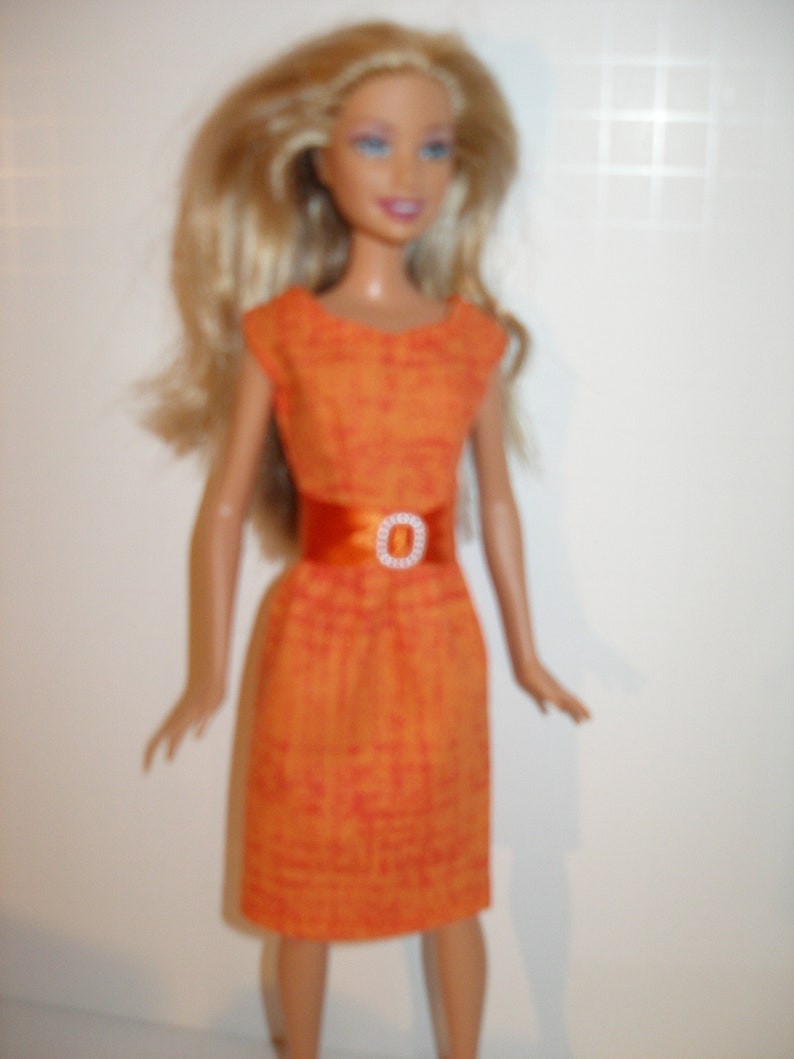 Handmade 11.5 Fashion doll clothes Your choice orange, teal or pink crosshatch print cotton sheath dress w/belt image 5