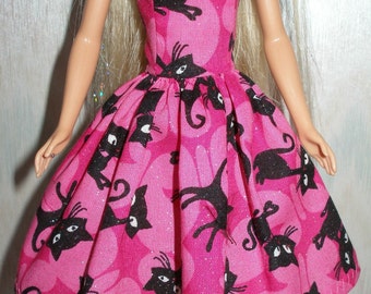 Handmade 11.5" fashion doll clothes - Regular, Tall, Curvy or Petite - Pink and black cat dress