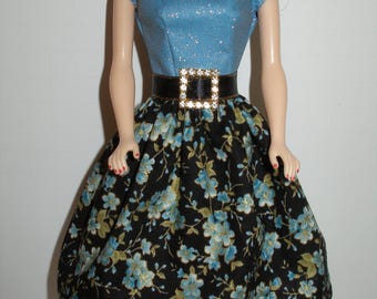 Handmade 11.5" fashion doll clothes - Black, Blue and Gold Floral Print Dress w/Glittery Blue Bodice