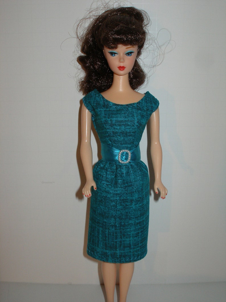 Handmade 11.5 Fashion doll clothes Your choice orange, teal or pink crosshatch print cotton sheath dress w/belt Teal