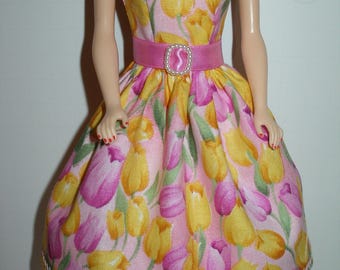 Handmade 11.5" fashion doll clothes - Pink and Yellow Tulips Print Cotton Dress