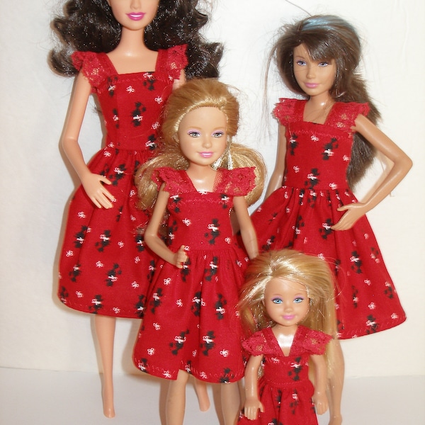 Handmade Fashion doll clothes - 11.5" fashion doll and sisters Red and Black Poodle print dresses