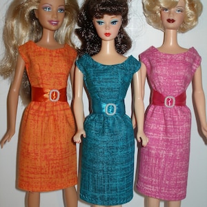 Handmade 11.5 Fashion doll clothes Your choice orange, teal or pink crosshatch print cotton sheath dress w/belt 画像 2