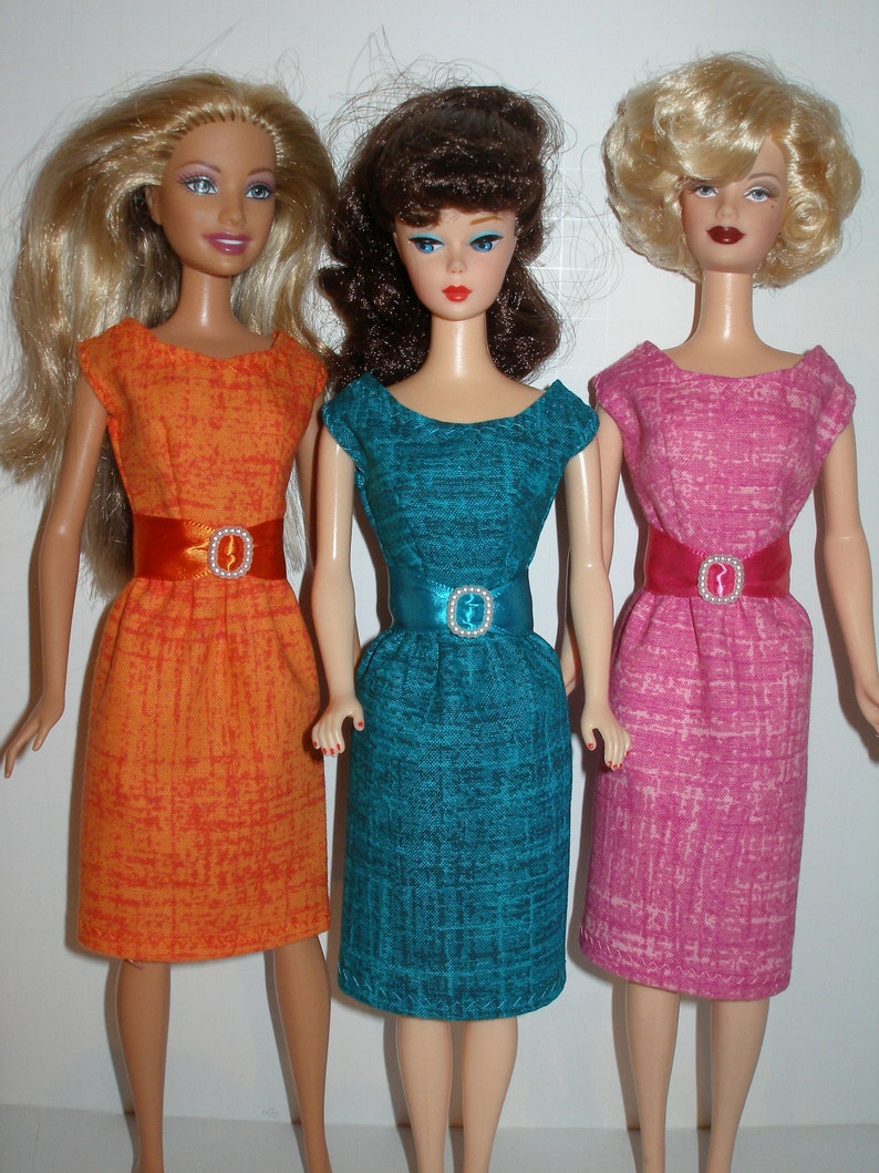 Handmade 11.5 Fashion doll clothes Your choice orange, teal or pink crosshatch print cotton sheath dress w/belt 画像 2