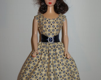 Handmade 11.5" fashion doll clothes - Yellow, White and  Navy Blue Print Dress with Wide Navy Satin Ribbon Belt