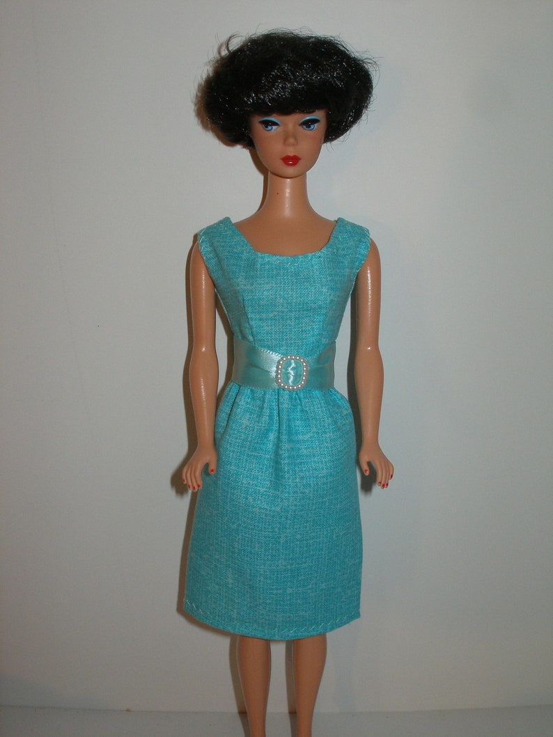 Handmade 11.5 Fashion doll clothes Your choice orange, teal or pink crosshatch print cotton sheath dress w/belt Aqua