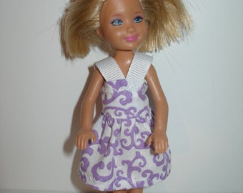 Handmade 5.5" little sister fashion doll clothes - white and purple print dress
