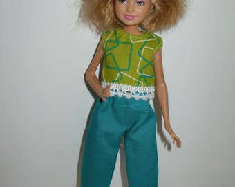 Handmade 9" little sister fashion doll fit Stacie/Bratz clothes - capri set- teal and green