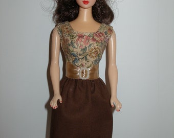 Handmade 11.5" fashion doll clothes - Beige Floral and Brown Dress