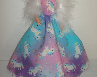 Handmade fashion doll clothes - Regular 11.5" , Curvy, Petite, Tall and little sisters - glittery unicorns gown with  boa
