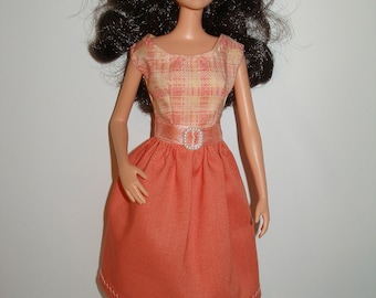 Handmade 11.5" fashion doll clothes  - Coral Plaid Bodice Dress