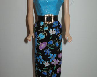 Handmade 11.5" fashion doll clothes - Blue, Gold and Black Floral Print Cotton Sheath w/Satin Ribbon Belt and Rhinestone Buckle