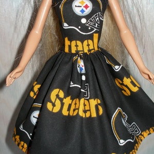 Handmade 11.5 fashion doll clothes and little sister sizes Black and gold steelers dress image 1